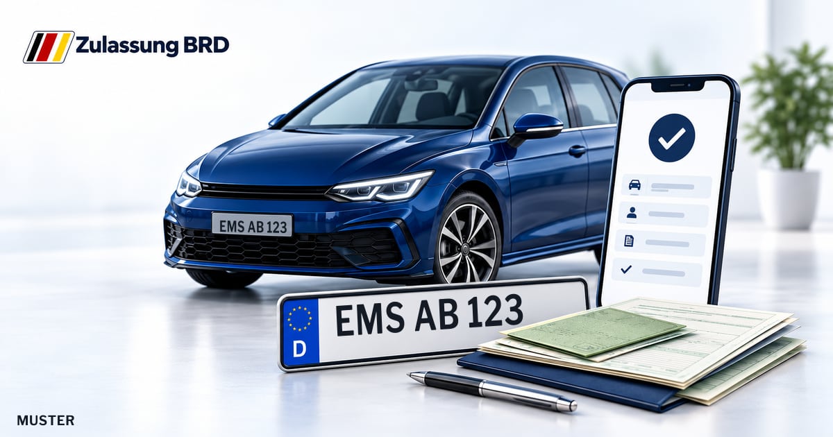 Online Fahrzeugzulassung in Lahnstein: Musterkennzeichen EMS AB 123, Auto und Fahrzeugpapiere und Smartphone. Illustration mit Logo von Zulassung BRD.